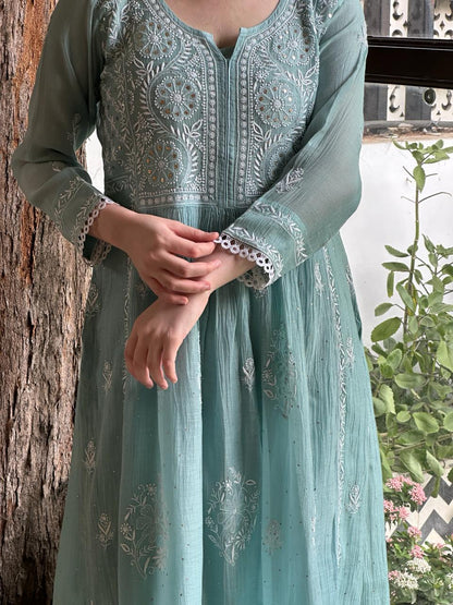Light Blue Shade Malmal Mukaish Kamdani Chikankari Ready to Wear