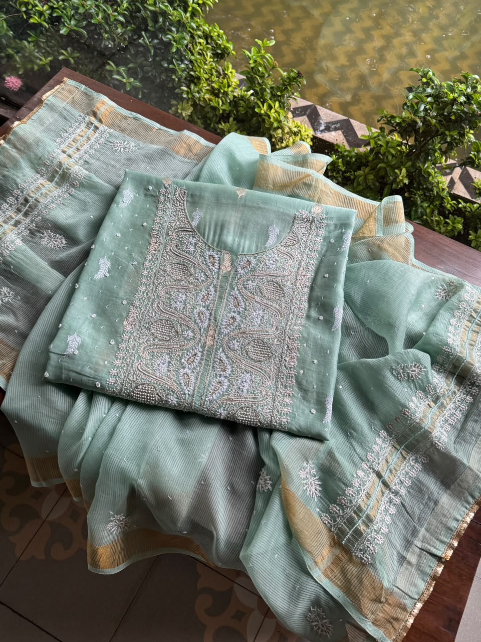 Mint Green Shade Banarasi Zari Chanderi Unstitched Chikankari Fabric