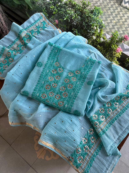 Blue Shade Mal Cotton Chikankari Unstitched Kurta Dupatta Fabric With Mukaish Badla