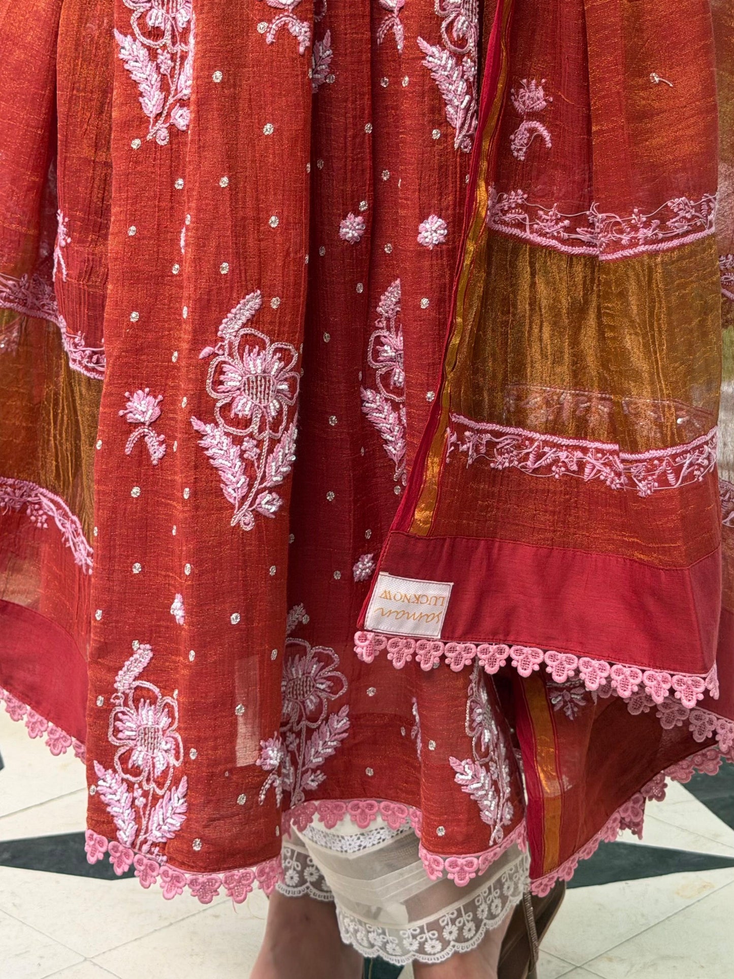 Rust Red Tissue Silk Chikankari Angarkha With Ari & Beads Work
