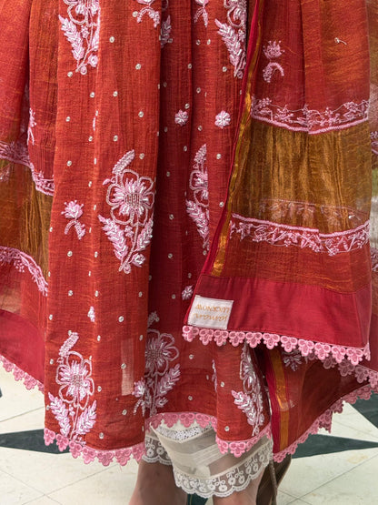 Rust Red Tissue Silk Chikankari Angarkha With Ari & Beads Work