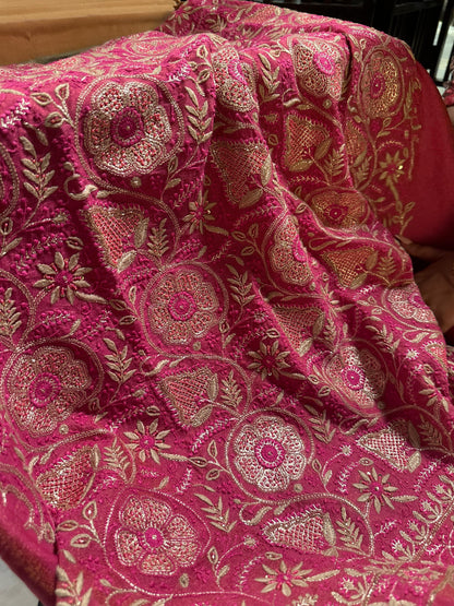 Hot Pink Tissue Silk Chikankari Unstitched Fabric