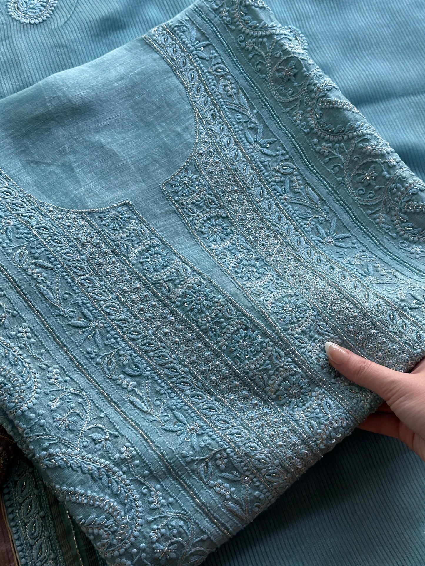 Sky Blue Shade Linen Silk Chikankari With Ari Work Unstitched Kurta Dupatta Set