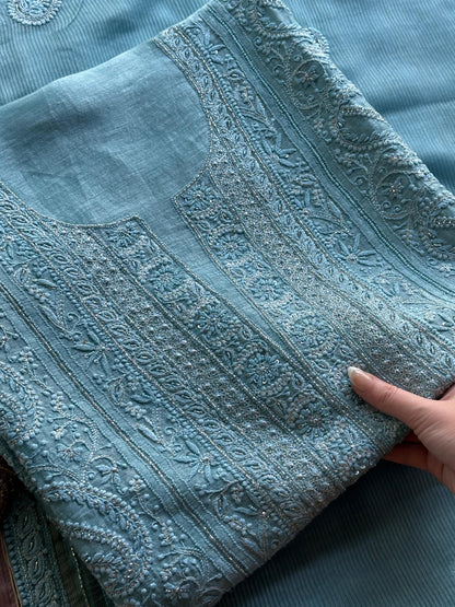 Sky Blue Shade Linen Silk Chikankari With Ari Work Unstitched Kurta Dupatta Set