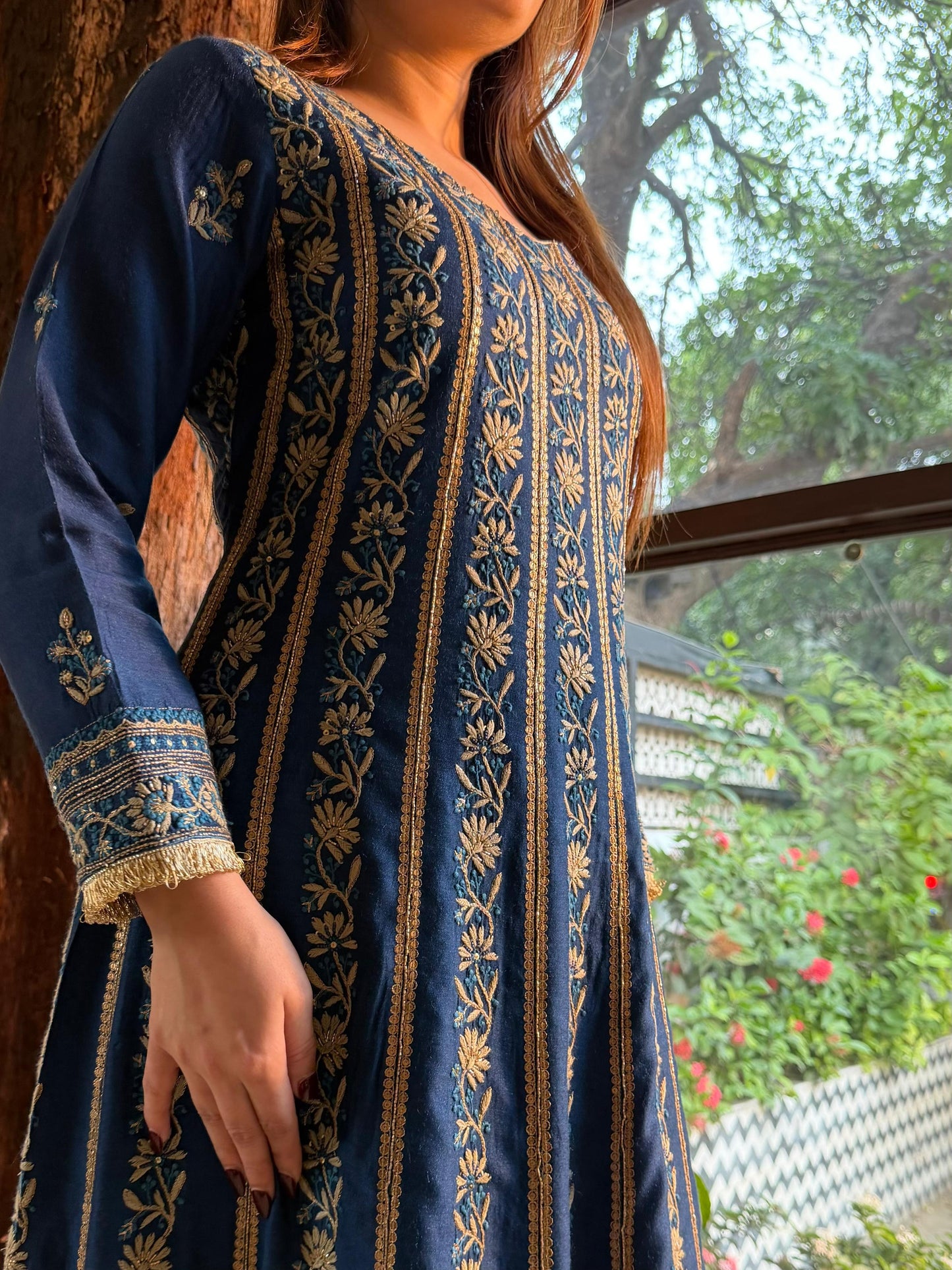 Roheen Blue Moonga Silk Chikankari Anarkali With Dupatta