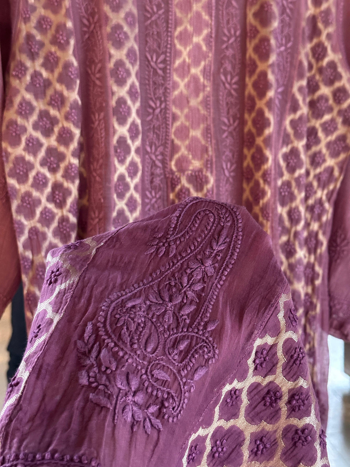 Purple Zari Chanderi Chikankari A Line Kurta with Slip