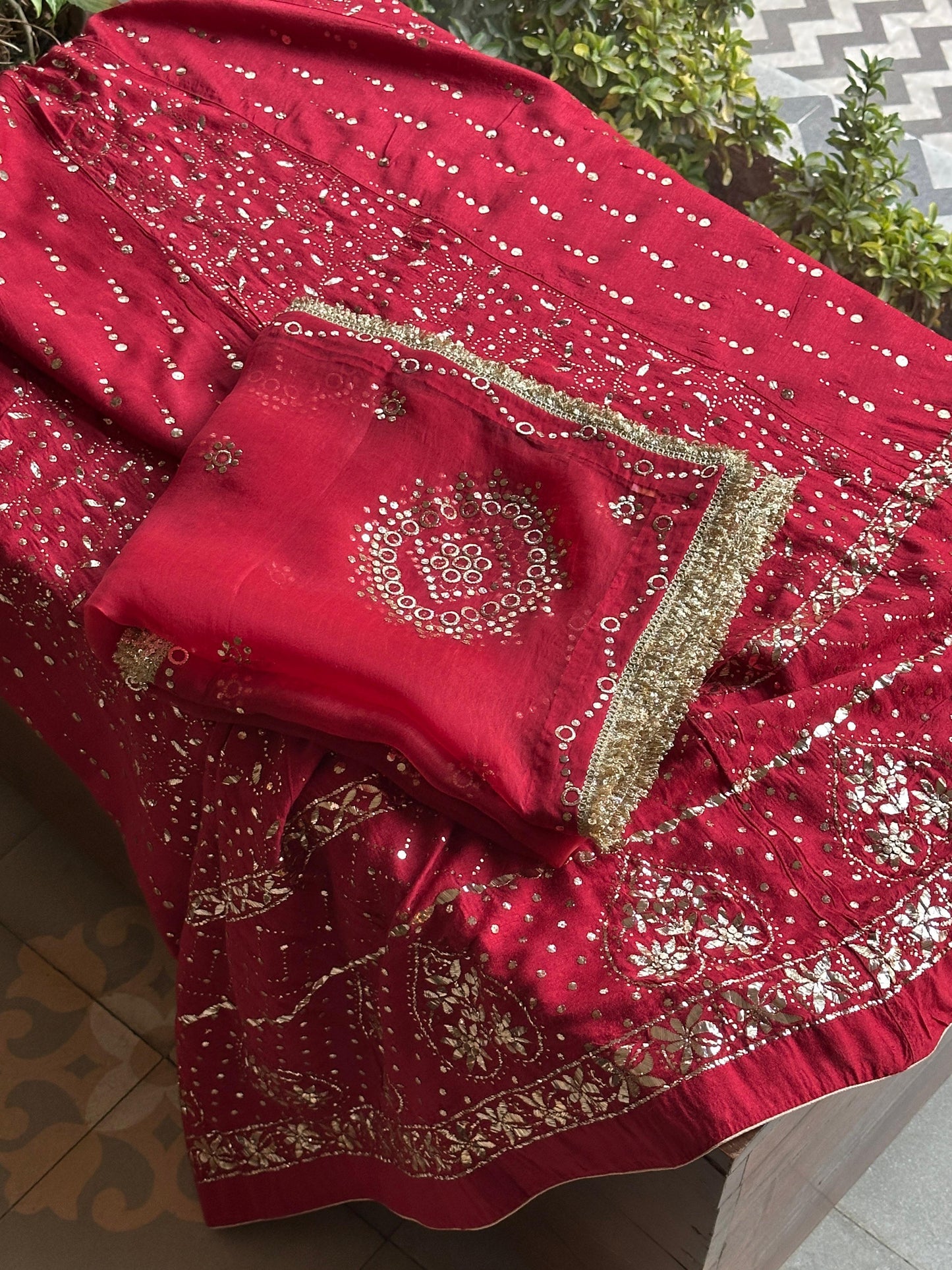Red Moonga Silk Mukaish Badla Lehenga Set