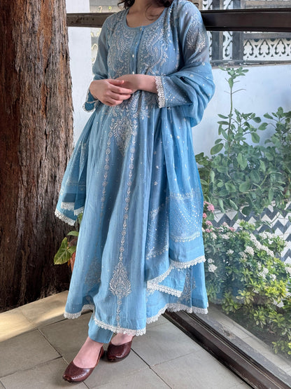 Powder Blue Shade Malmal Pearl Work Chikankari Anarkali