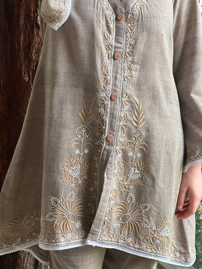 Cloudy Grey Malkha Cotton Chikankari Co-ord Set