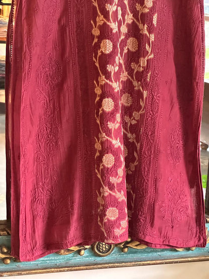 Maroon Zari Chanderi Chikankari A Line Kurta with Slip