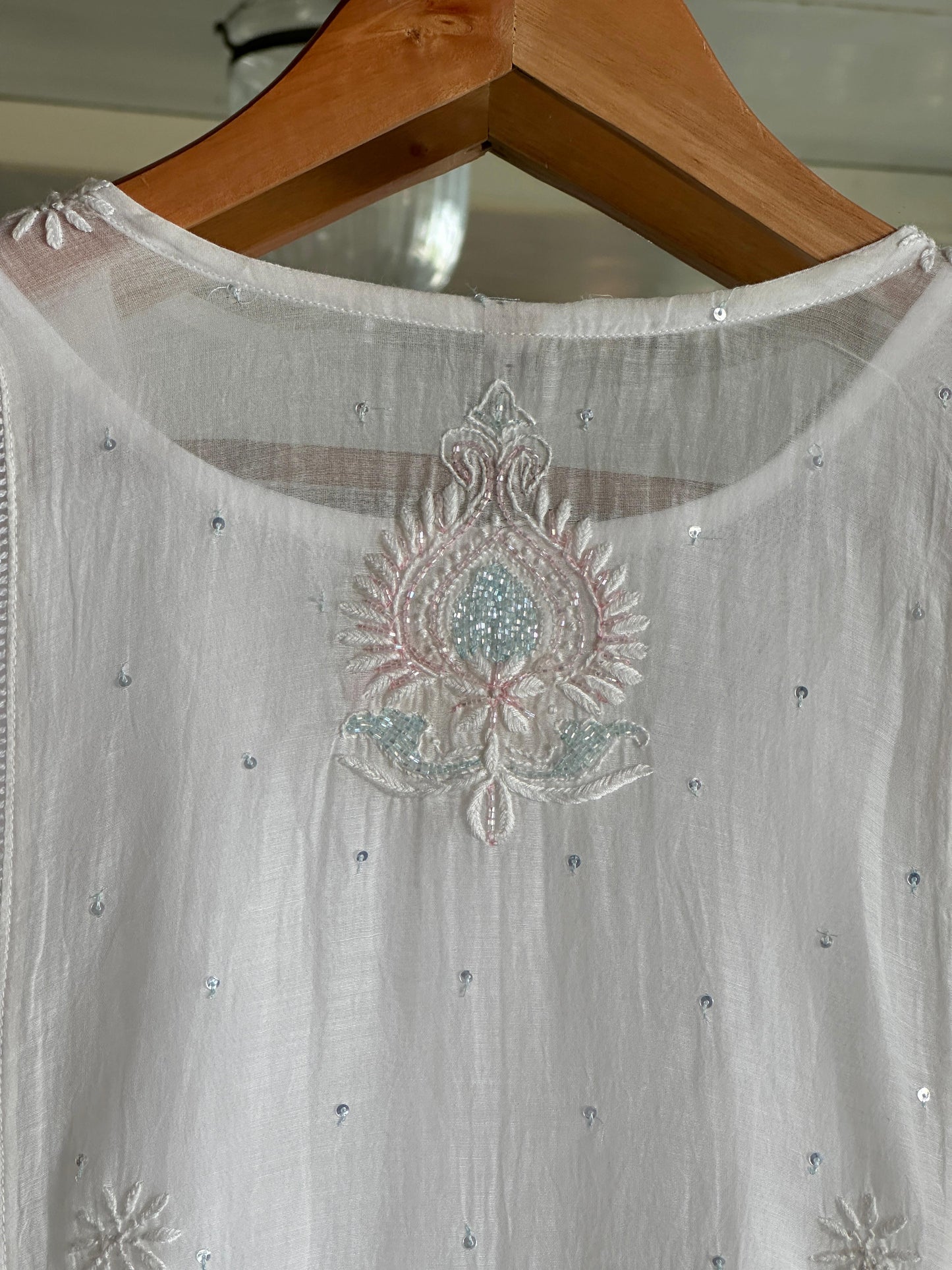 White Multi Shade Mulmul Pearl White Chikankari Ready to Wear Kurta Set