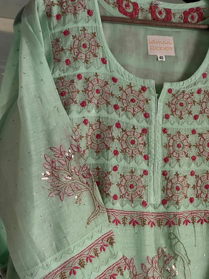 Sea Green Mal Mukaish Kamdani Chikankari Kurta Dupatta Set