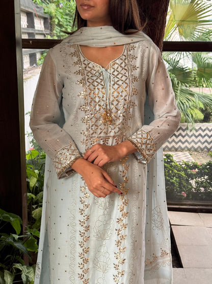 Ice Blue Mukaish Mul Chanderi Silk Ready To Wear Dress