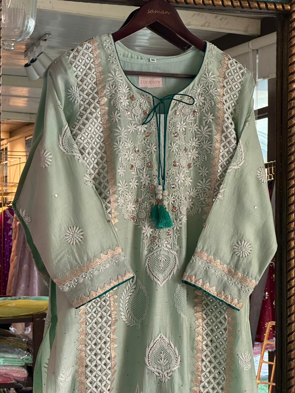 Sea Green & Teal Shade Chanderi Daraz Applique Chikankari Mukaish Kurta Dupatta Set