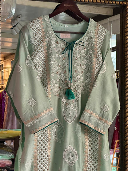 Sea Green & Teal Shade Chanderi Daraz Applique Chikankari Mukaish Kurta Dupatta Set