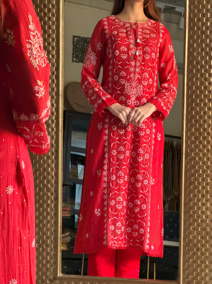 Red Mul Chanderi Mukaish Kamdani Chikankari Stitched Kurta Dupatta Set