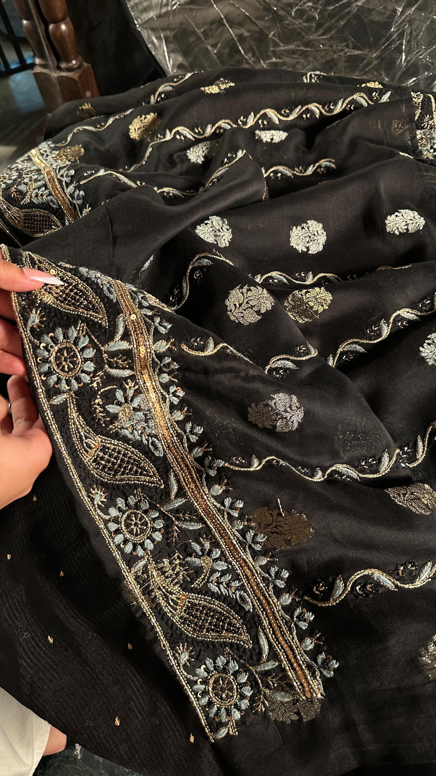 Black & Grey Banarasi Zari Chanderi Unstitched Chikankari Fabric