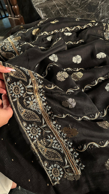 Black & Grey Banarasi Zari Chanderi Unstitched Chikankari Fabric