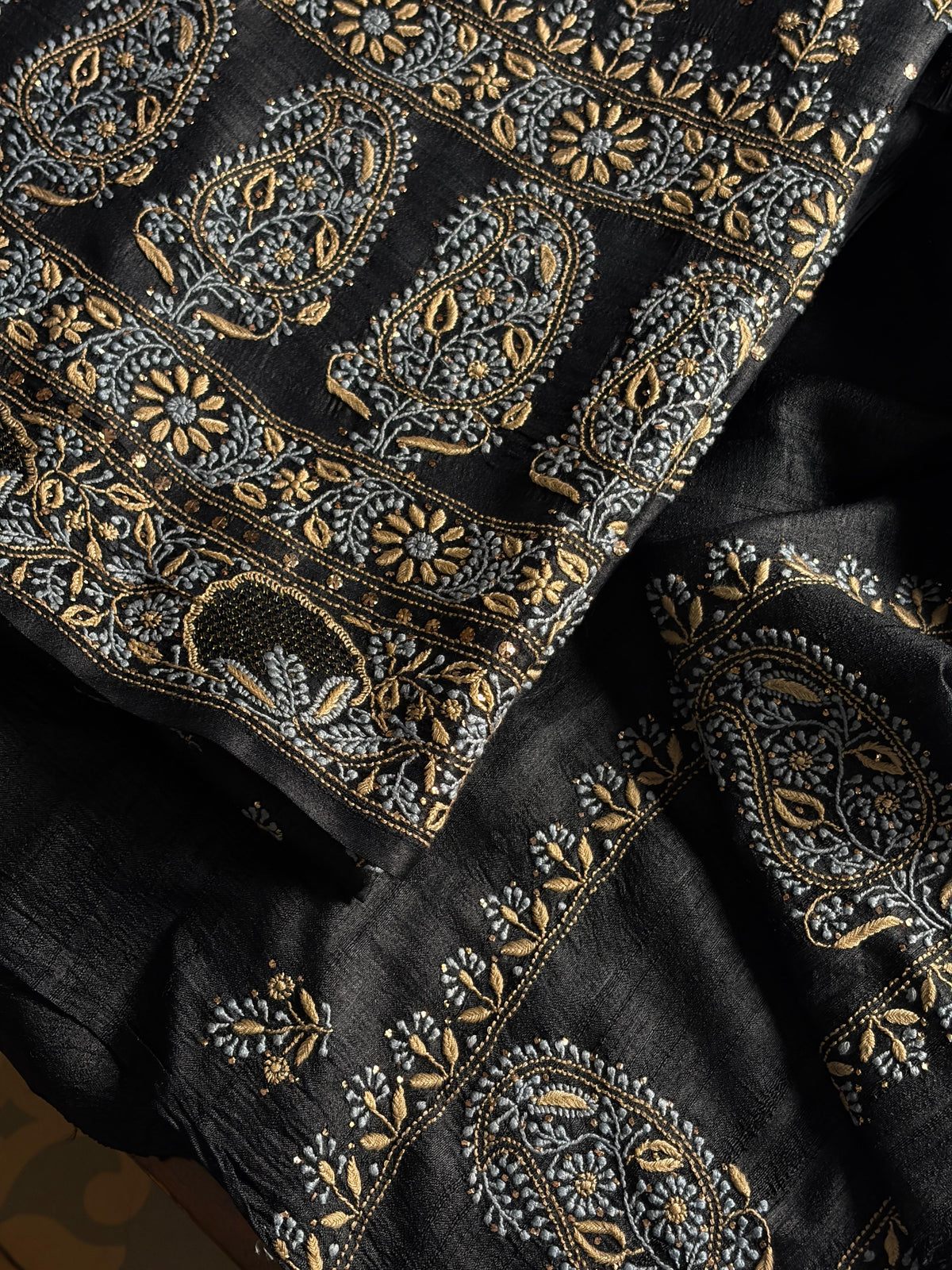 Black Shade Roheen Tussar Silk Chikankari Fabric