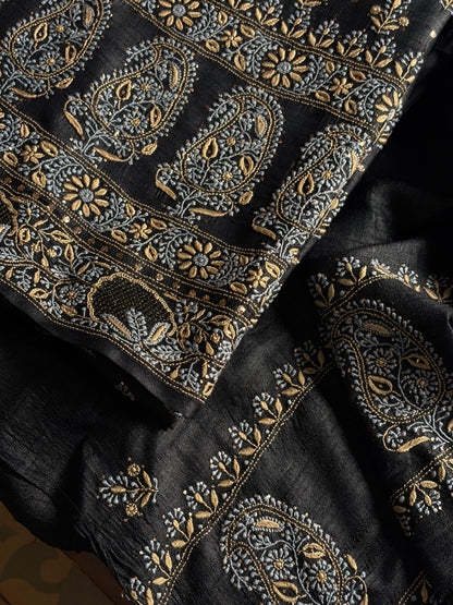 Black Shade Roheen Tussar Silk Chikankari Fabric