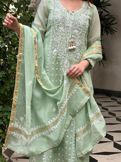 Green Shade Kota Applique Chikankari Kurta Dupatta Set