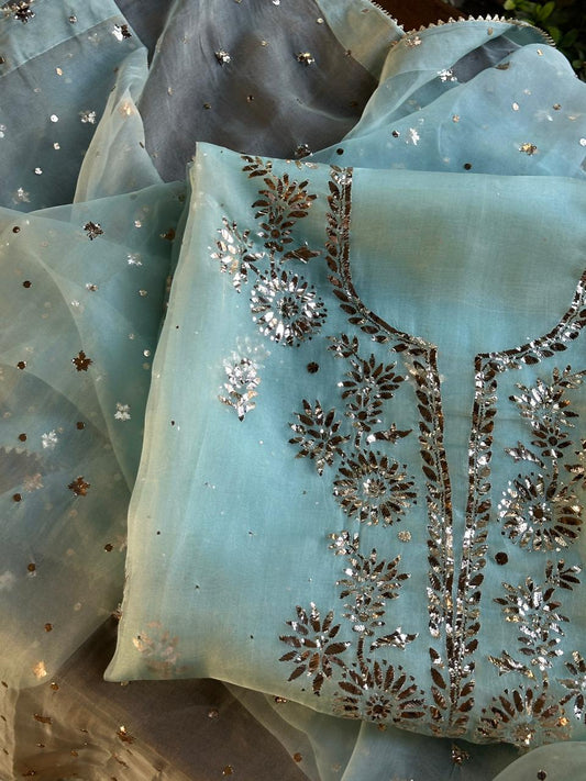 Sea Green Shade Noor Organza Silk Badla Unstitched Kurta Dupatta Set