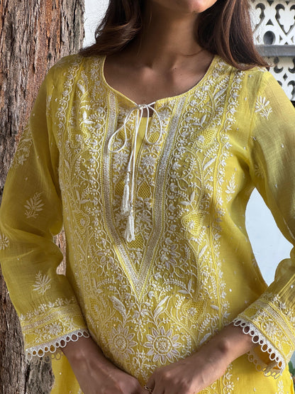 Yellow Shade Malmal Pearl White Chikankari Ready to Wear Kurta Set