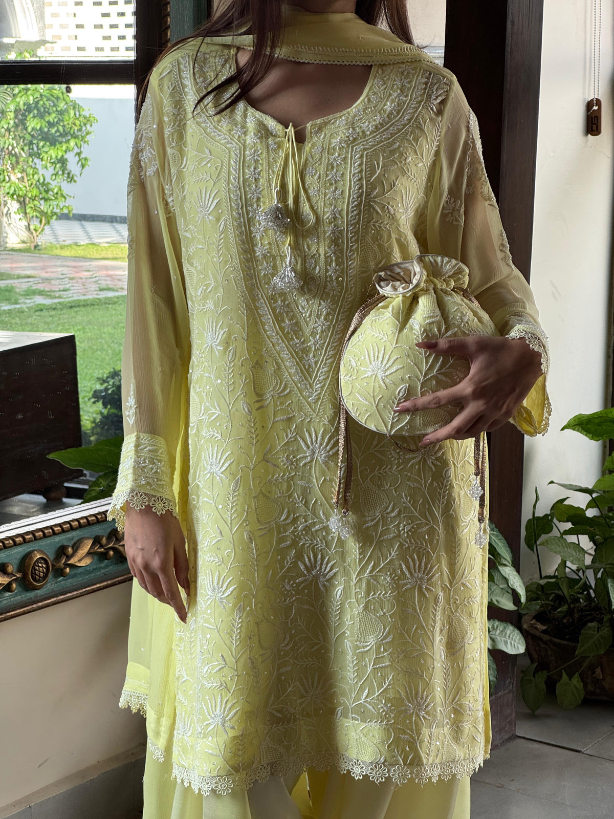 Chiffon Chikankari Sequinned Farshi Salwar with Potli Set