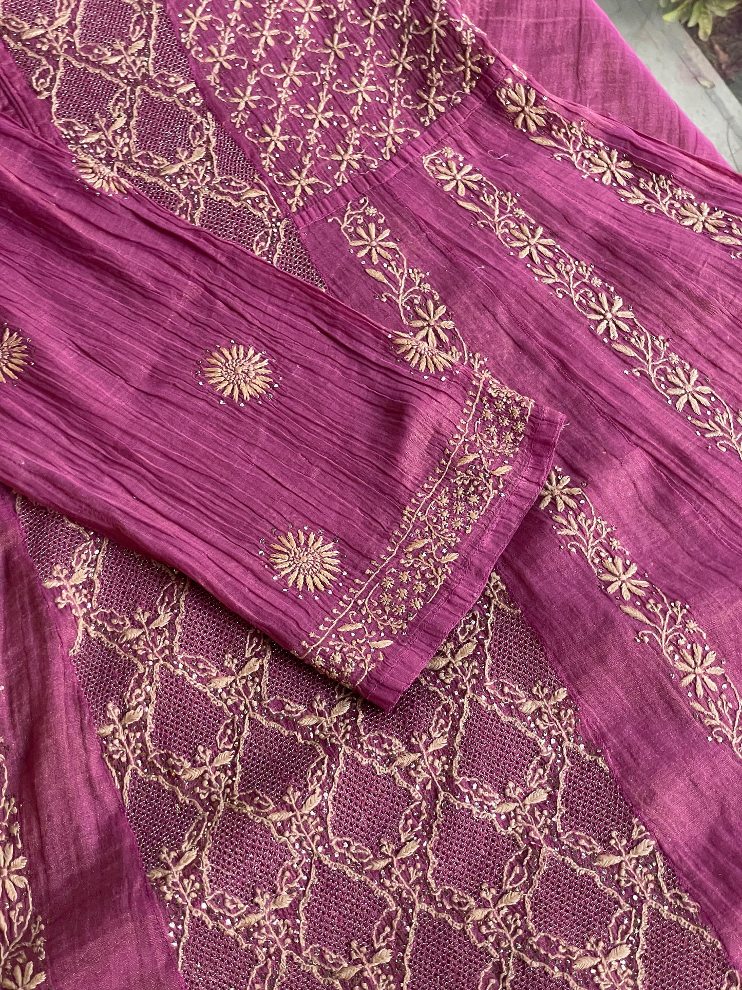 Solid Pink Shade | Tissue Silk Chikankari Jaali Work Kurta Set
