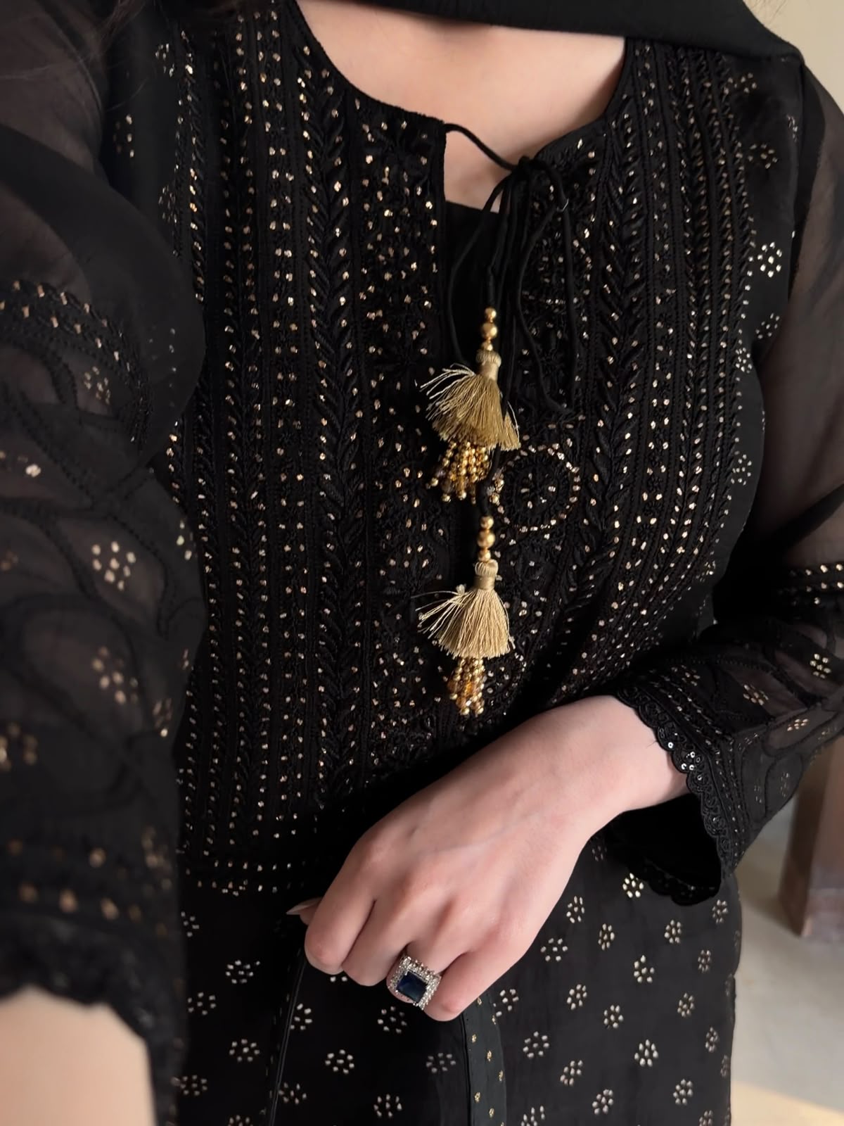 Black Kosha Mukaish Kamdani Noor Organza Chikankari Kurta Set