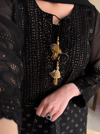 Black Kosha Mukaish Kamdani Noor Organza Chikankari Kurta Set