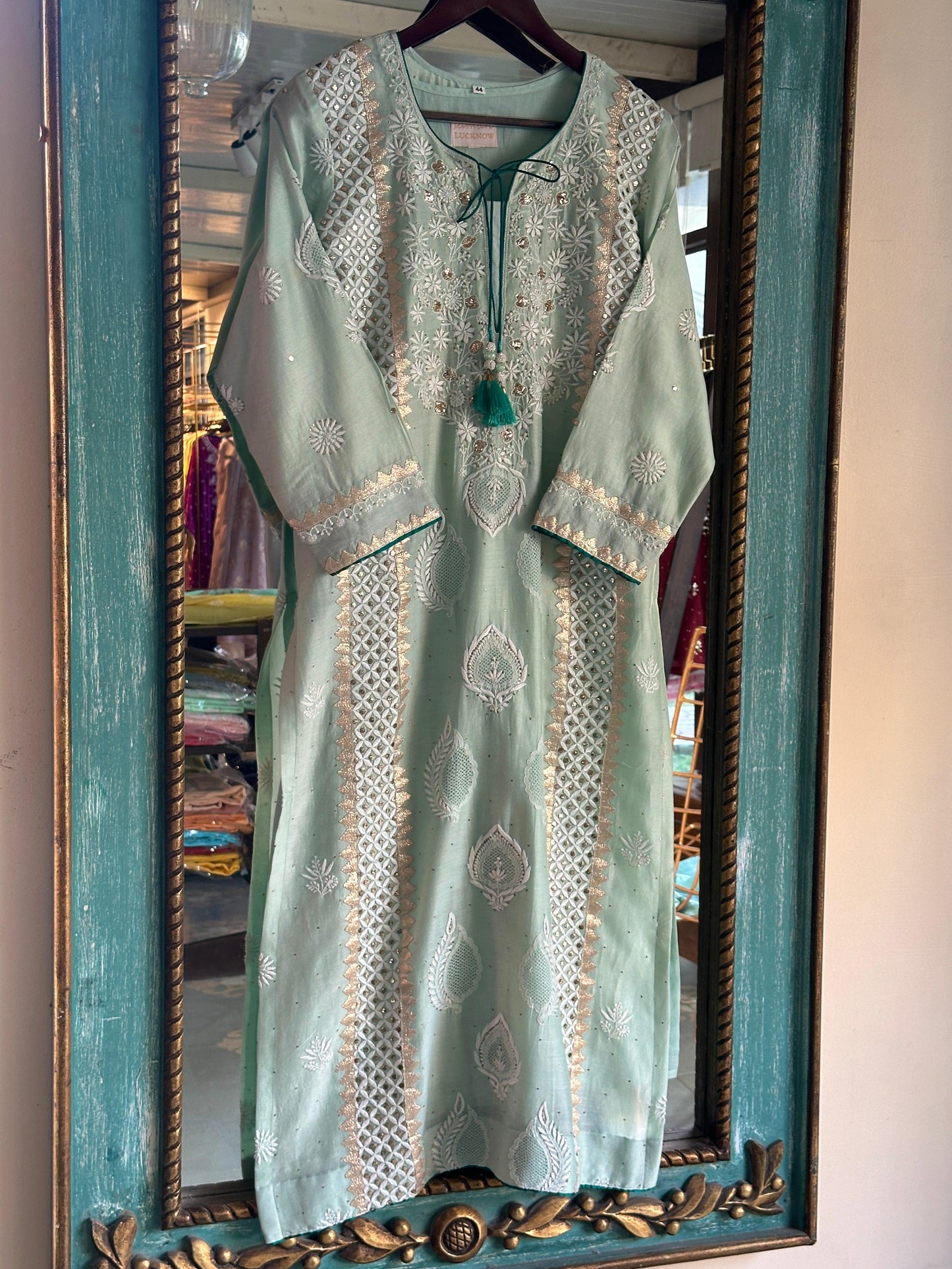 Sea Green & Teal Shade Chanderi Daraz Applique Chikankari Mukaish Kurta Dupatta Set