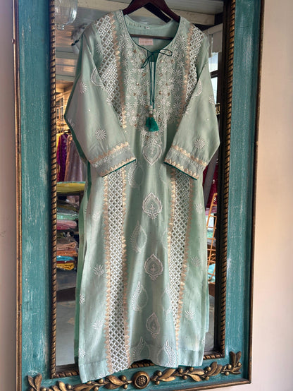 Sea Green & Teal Shade Chanderi Daraz Applique Chikankari Mukaish Kurta Dupatta Set