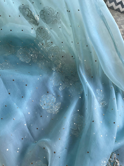 Blue Noor Organza Silk Mukaish Pearl Chikankari Unstitched Fabric