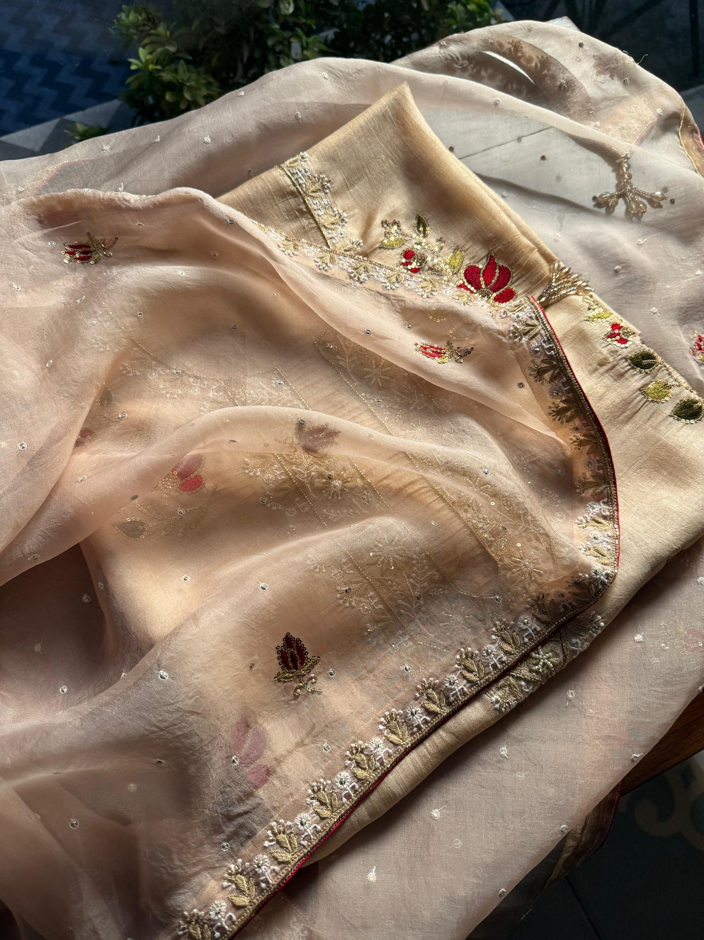 Natural Paper Tussar Resham Chikankari Unstitched Fabric Kurta Dupatta Set