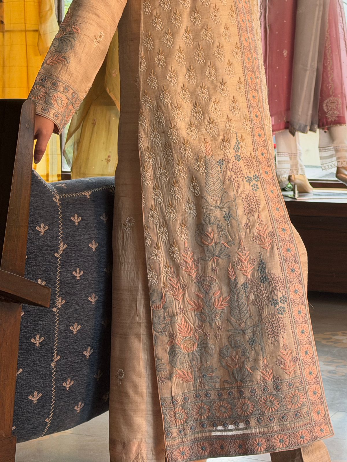 Intricate Natural Tussar Silk Chikankari RTW Jacket Set