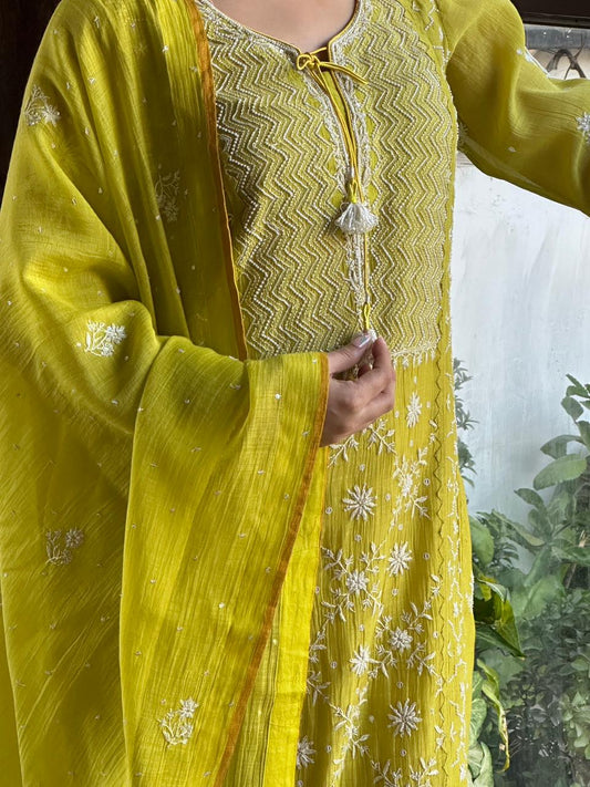 Neon Shade Malmal Pearl Work Chikankari Kurta With Dupatta
