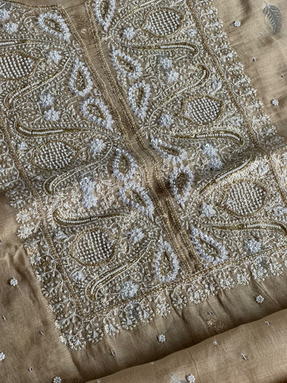 Beige Shade Banarasi Zari Chanderi Unstitched Chikankari Fabric