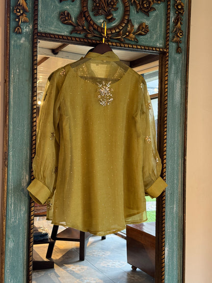 Neon Green Noor Organza Mukaish Badla Short Top With Bow Tie