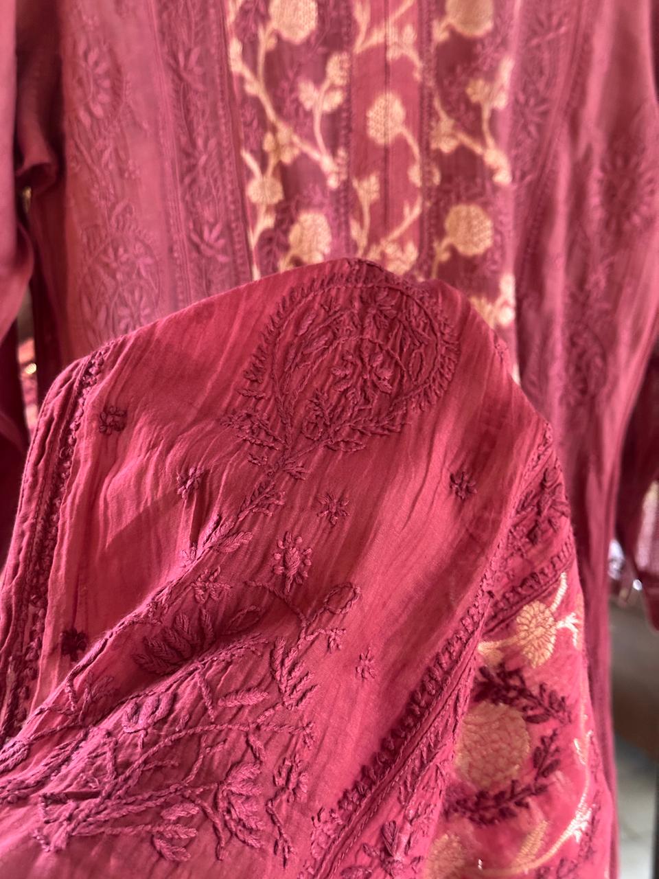 Maroon Zari Chanderi Chikankari A Line Kurta with Slip