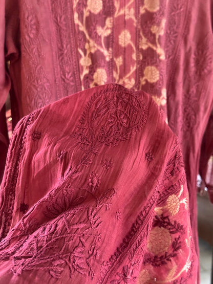 Maroon Zari Chanderi Chikankari A Line Kurta with Slip