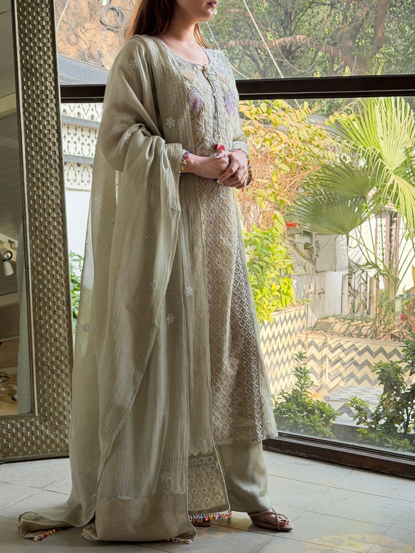 Jacquard Sequins Chikankari Kurta Set