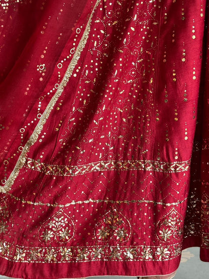Red Moonga Silk Mukaish Badla Lehenga Set