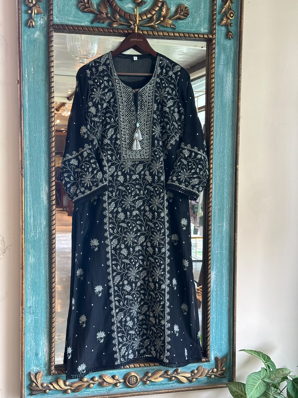 Black Mul Chanderi Chikankari Kurta Set with Pearl & Sequin Work
