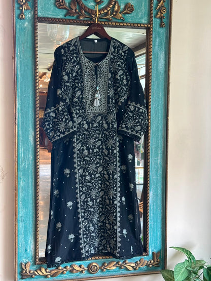Black Mul Chanderi Chikankari Kurta Set with Pearl & Sequin Work