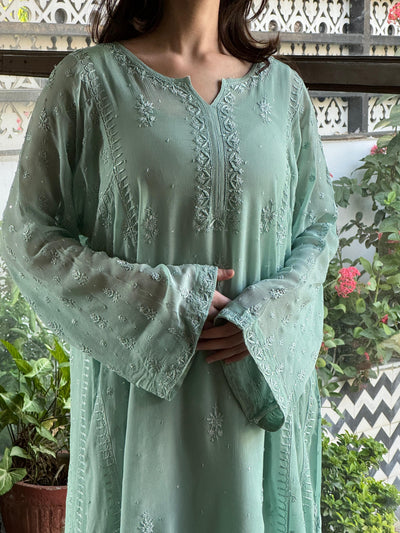 Pastel Sea Green Chiffon Kurta with Afghani Salwar – Fine Chikankari Work
