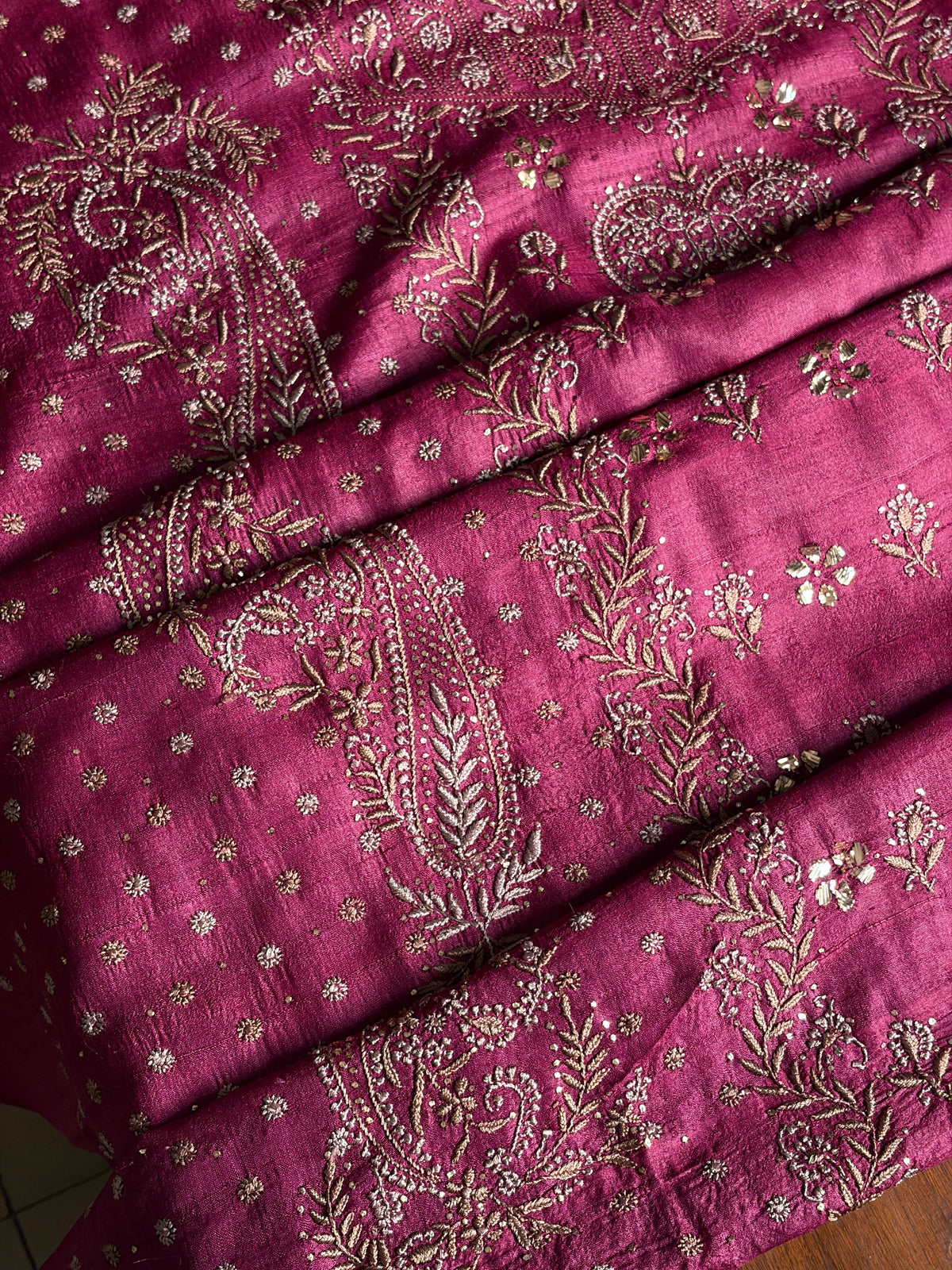 Plum Shade Roheen Tussar Silk Chikankari Fabric
