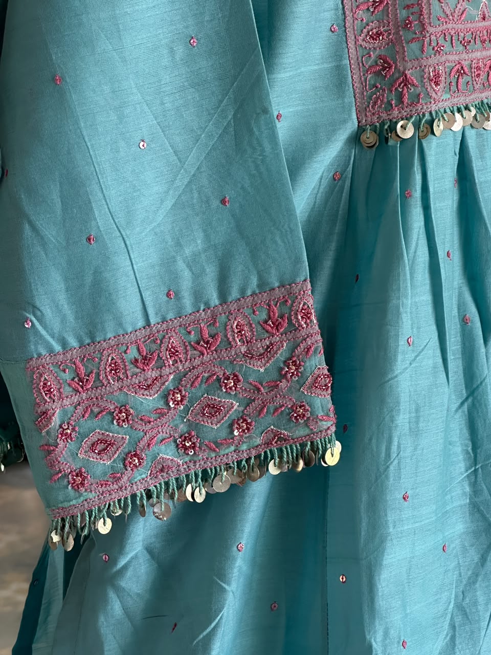 Fountain Blue Sico Chikankari Tux Style Kurta Set with Zardosi Work