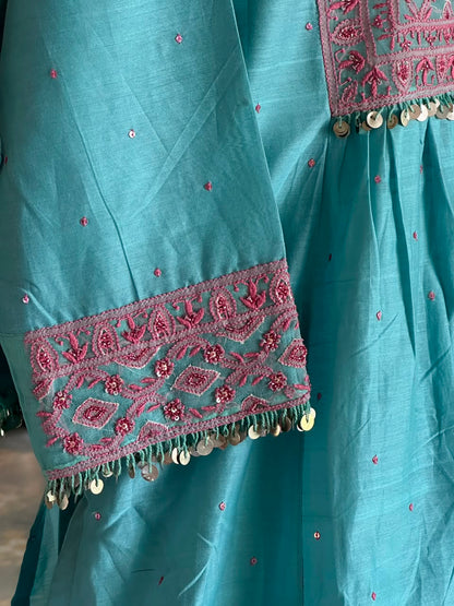 Fountain Blue Sico Chikankari Tux Style Kurta Set with Zardosi Work