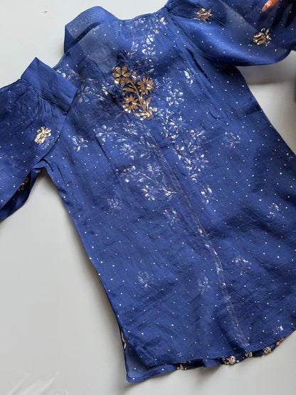 Blue Noor Organza Mukaish Badla Short Top With Bow Tie
